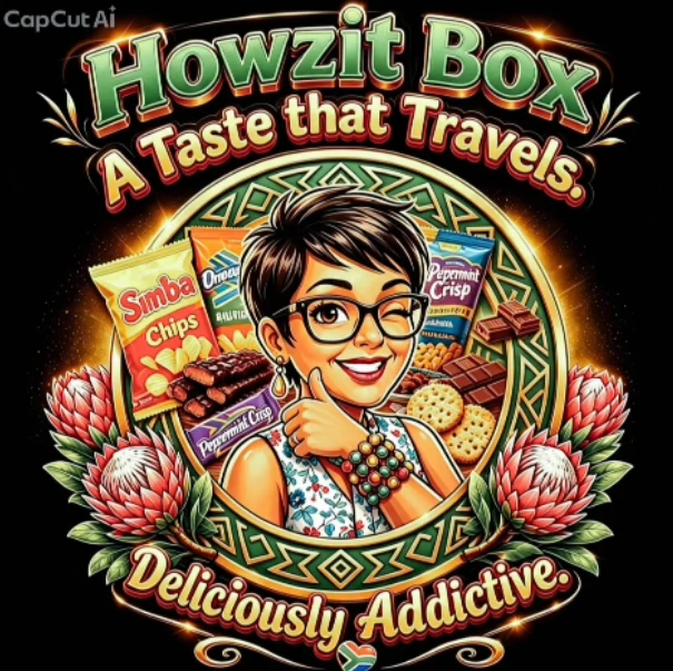 Howzit Box illustrated logo with South African snacks