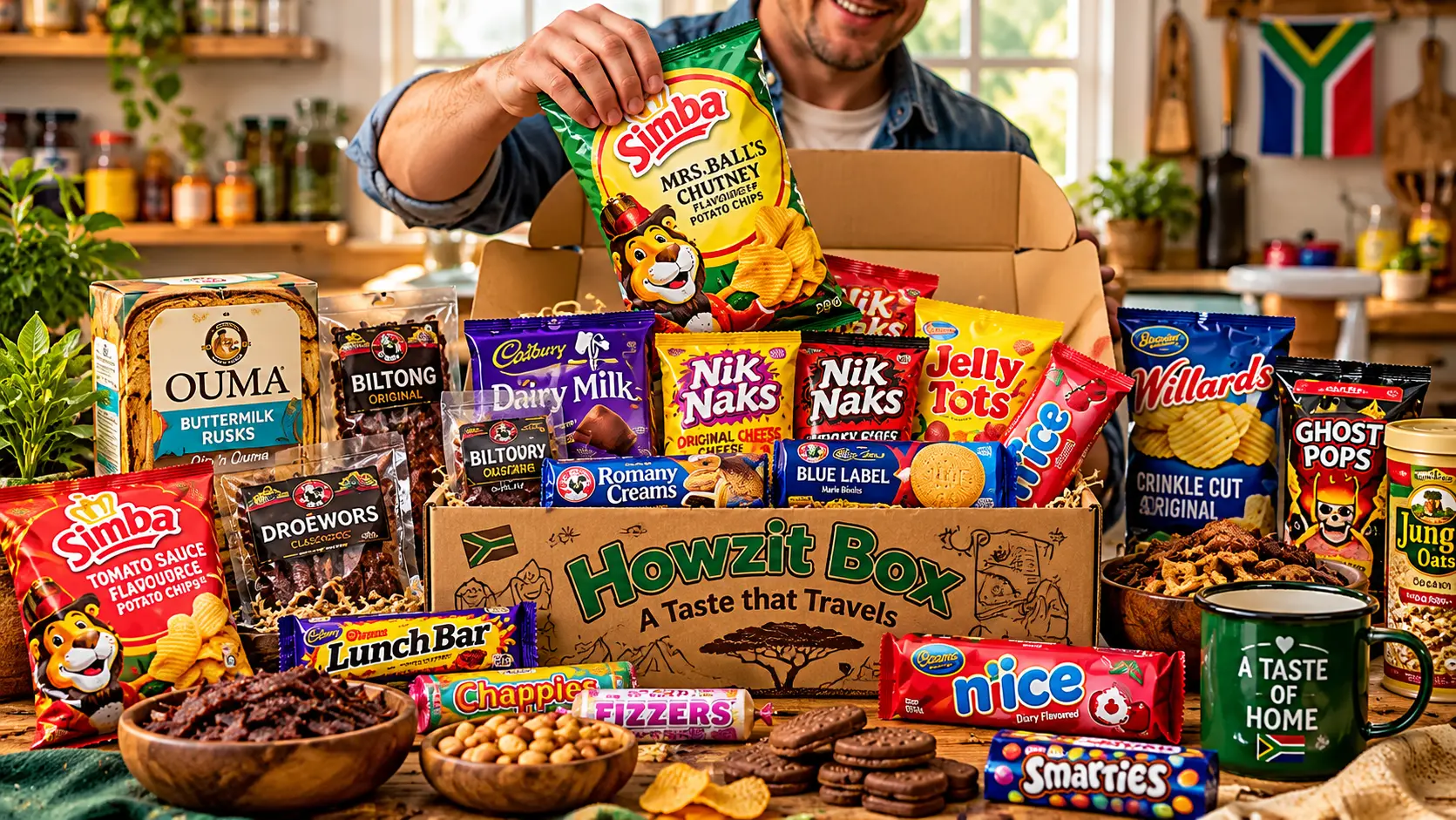South African snack box with crisps, sweets, rusks and savoury snacks